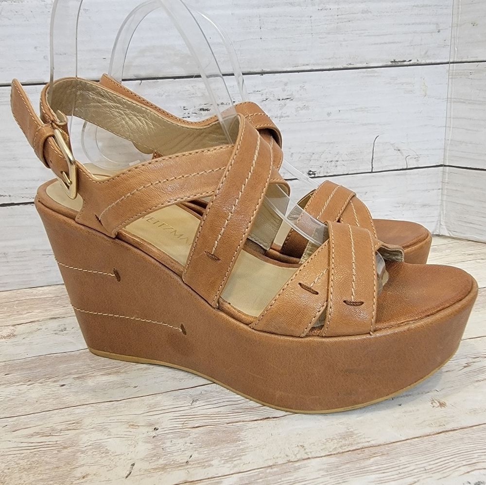Stuart Weitzman tan leather wedge sandals